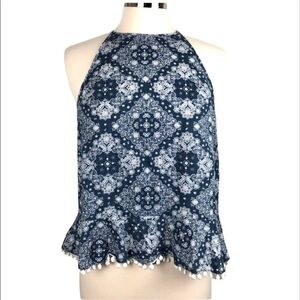 2/$15 Altar’d State -Blue & White Printed Halter Tank Top w/ Pom Pom Hem –Small